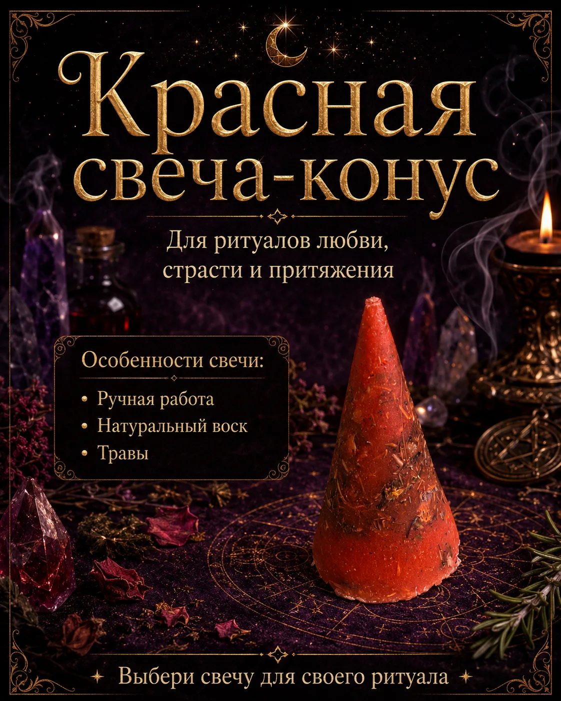 Красная свеча-конус для любви, страсти и притяжения