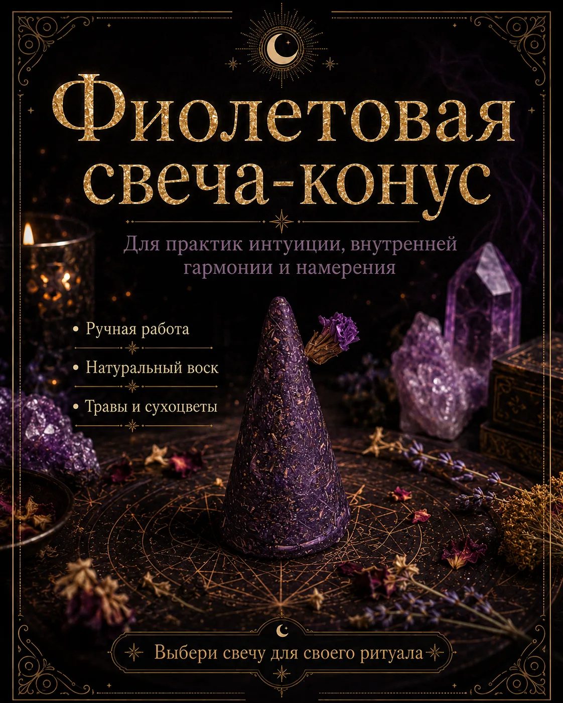 Фиолетовая свеча-конус для интуиции, внутренней гармонии и намерения