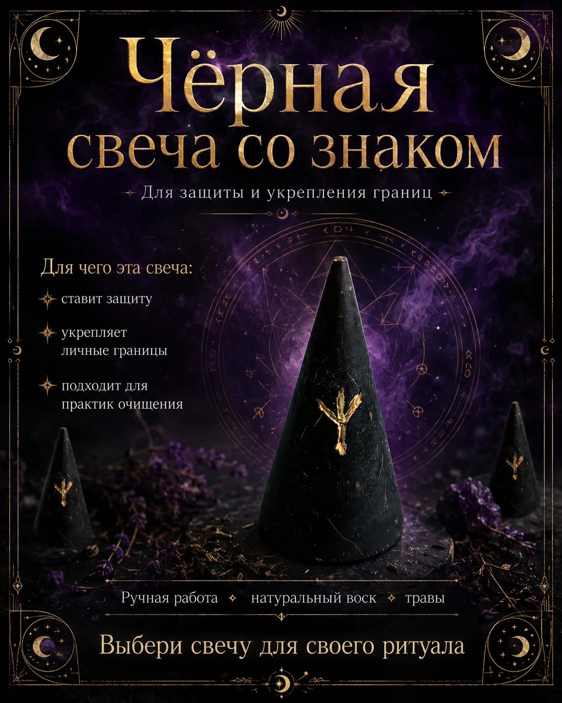 Чёрная свеча со знаком для защиты и укрепления границ