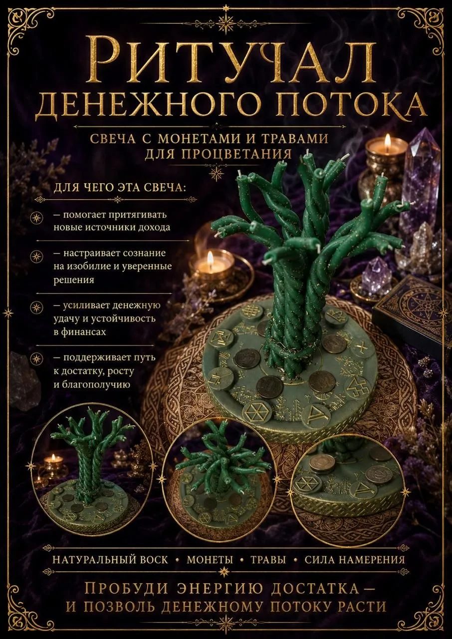 Ритуал денежного потока — свеча денежное дерево с монетами и травами для процветания