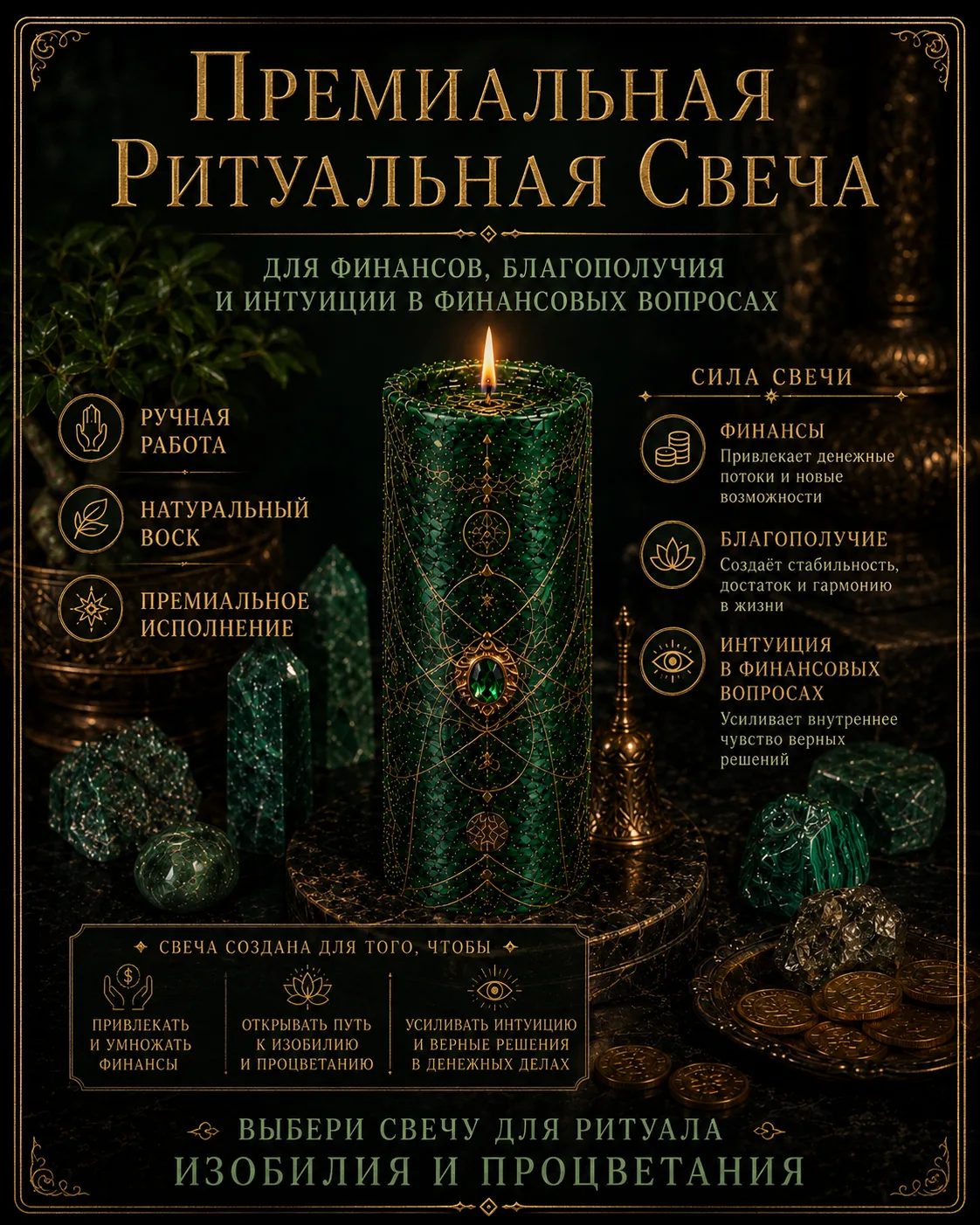 Премиальная ритуальная свеча для финансов, благополучия и интуиции