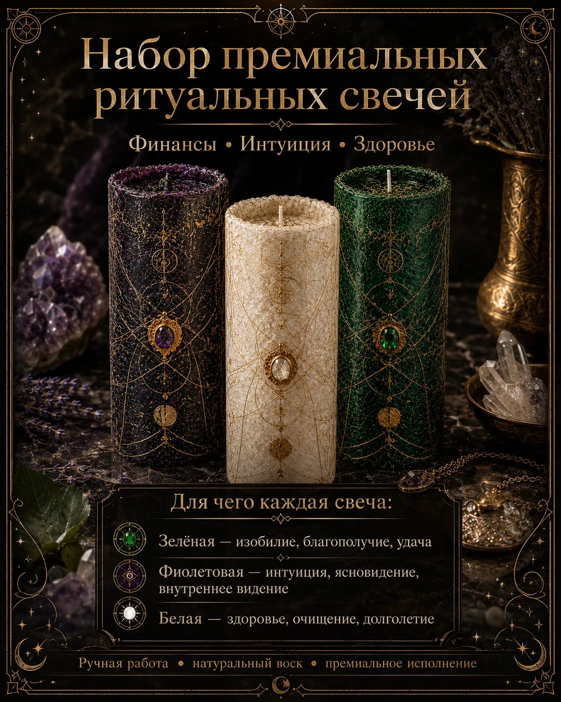 Набор премиальных ритуальных свечей «Финансы • Интуиция • Здоровье»